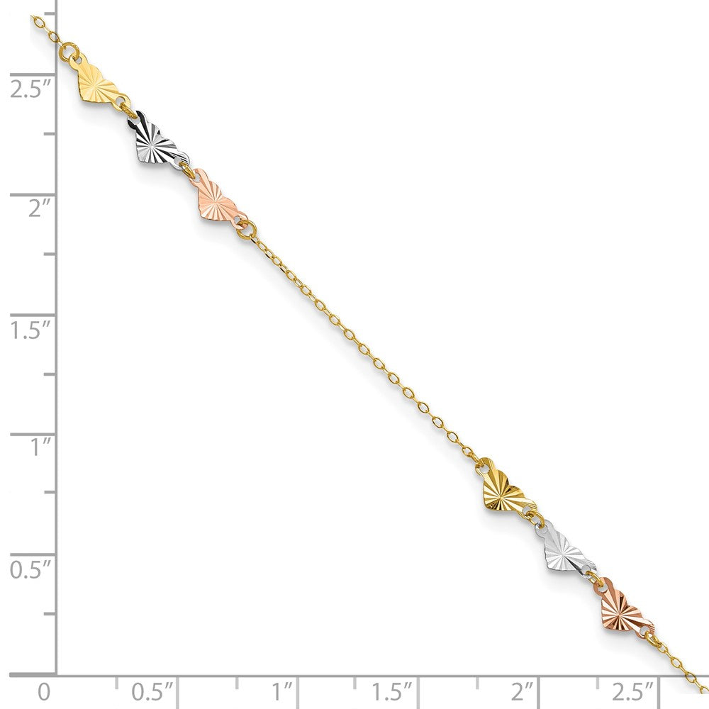 14K Tri-Color Diamond-cut Hearts 9in Plus 1in ext  Anklet 9 inches