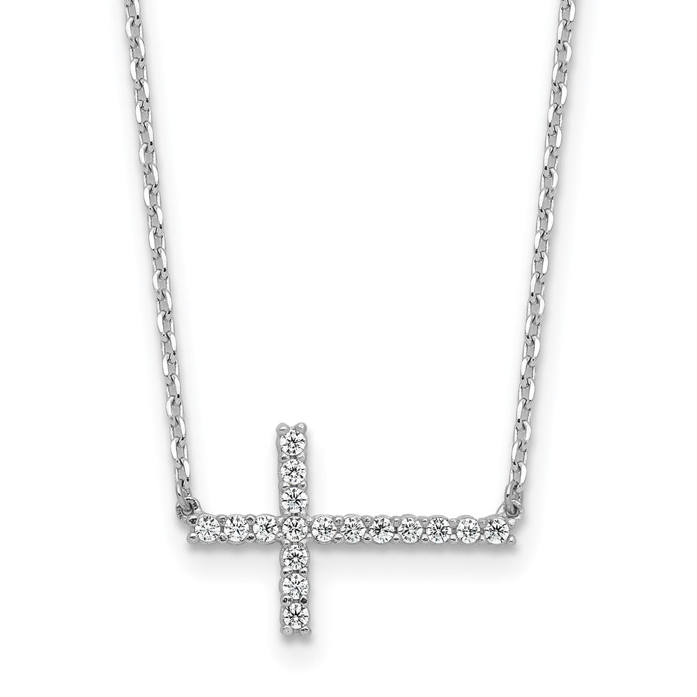 Sterling Shimmer Sterling Silver Rhodium-plated 1.3mm CZ 17 Stone Sideway Cross 16 inch with 2 inch Extension Necklace 16 Inches