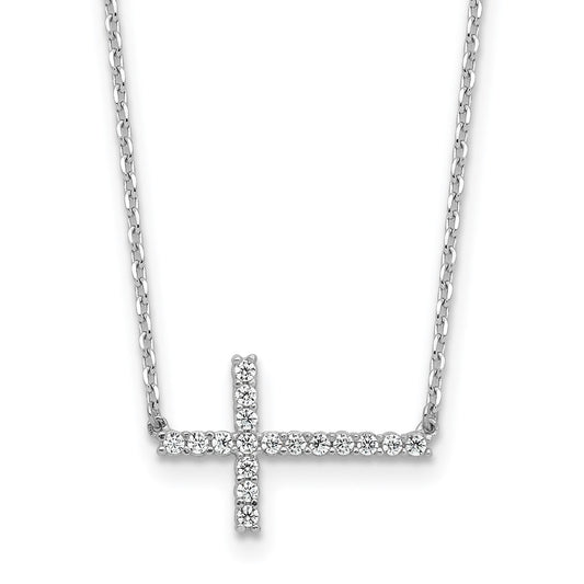 Sterling Shimmer Sterling Silver Rhodium-plated 1.3mm CZ 17 Stone Sideway Cross 16 inch with 2 inch Extension Necklace 16 Inches