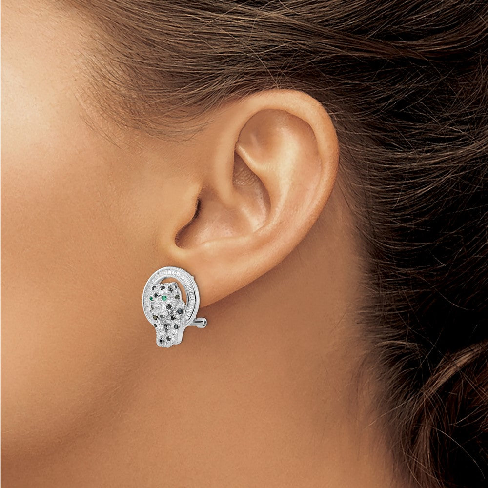 Sterling Silver Rhod-plated CZ Circle with Cheetah Post Omega Back Earrings