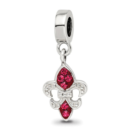 925 Sterling Silver Polished Reflections Red Crystal Fleur De Lis Dangle Bead Charm Pendant Necklace Measures 22.73x9.09