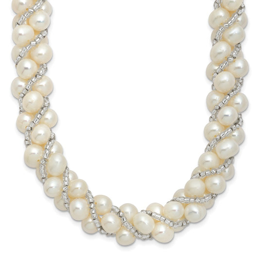 Sterling Silver Rhodium-plated 6-7mm White Near-Round Pearl and Glass Beaded Twisted 18 inch Necklace 18 Inches