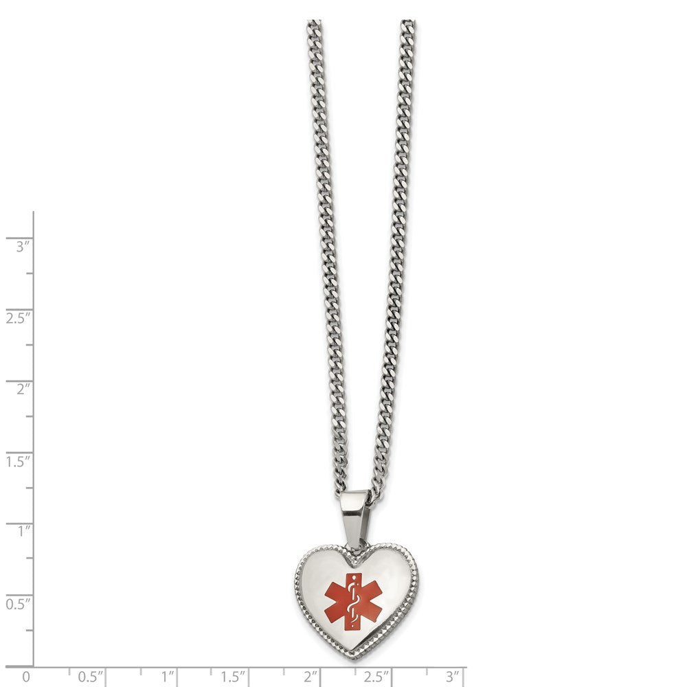 Stainless Steel Polished w/Red Enamel Heart Medical ID 20in Necklace