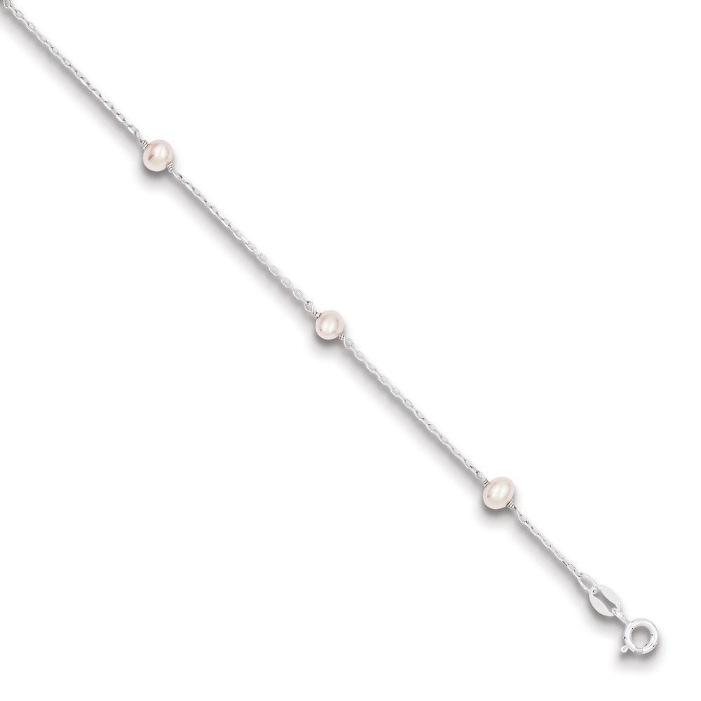Sterling Silver Rhodium-plated 4-5mm Pink Semi-Round Freshwater Cultured Pearl 3-Station 5 inch with 1 inch Extension Children's Bracelet 6 inches
