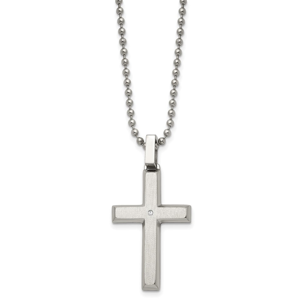 Stainless Steel Brushed & Polished w/.01ct Diamond Cross 22 inch Necklace