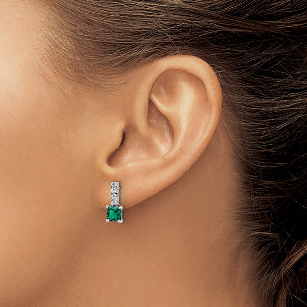 Sterling Silver Polished Rhodium-plated Green/Clear CZ Post Dangle Earrings