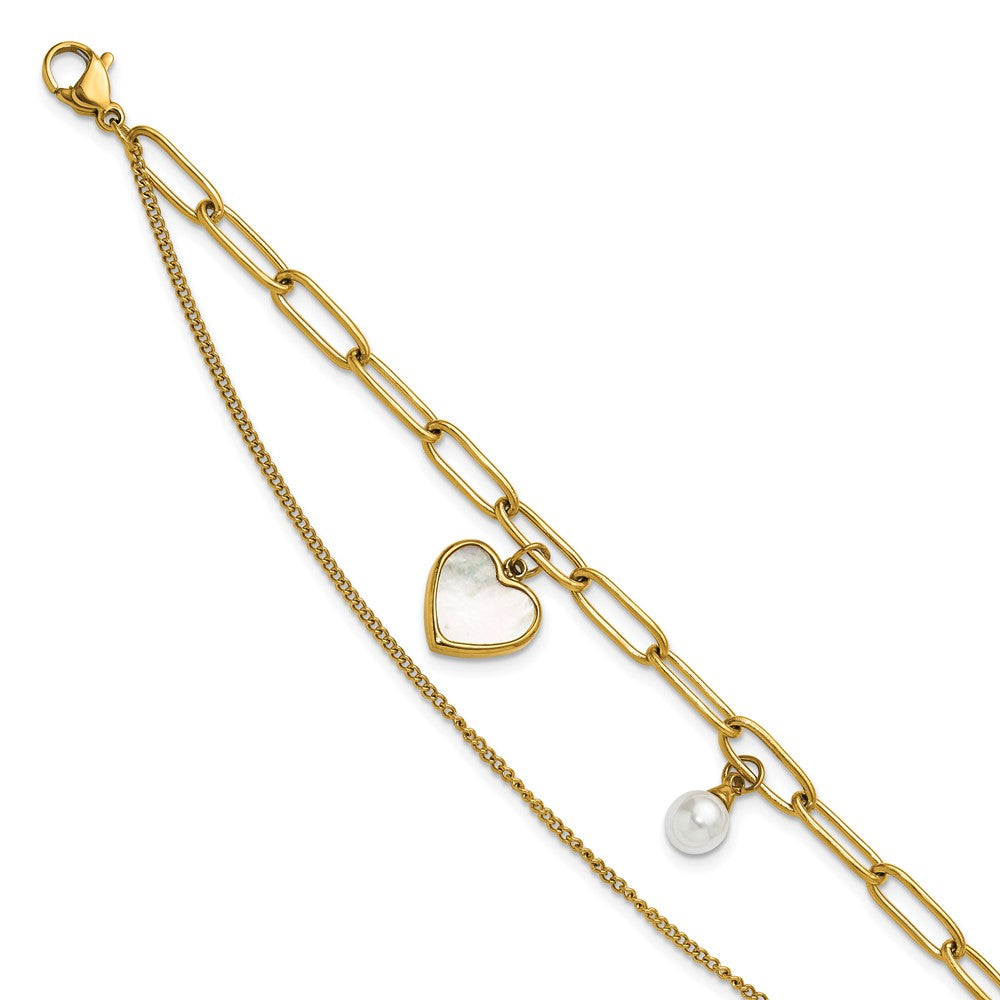 Chisel Stainless Steel Polished Yellow IP-plated Mother of Pearl Heart and Simulated Pearl 6.5 inch Plus a 2 inch Extension Bracelet 8.5 inches