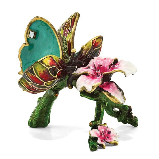 Luxury Giftware Pewter Bejeweled Crystals Gold-tone Enameled BELLA Butterfly & Pink Orchid Trinket Box with Matching 18 Inch Necklace