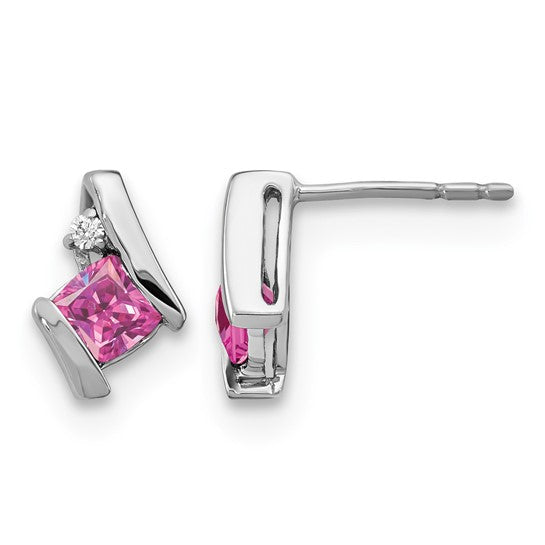 Sterling Silver Antique Cushion Cr. Pink Sapphire and Diamond Earrings