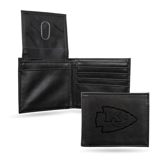 Rico Industries Football Kansas City Chiefs Black Laser Engraved Bill-fold Wallet - Slim Design - Great Gift