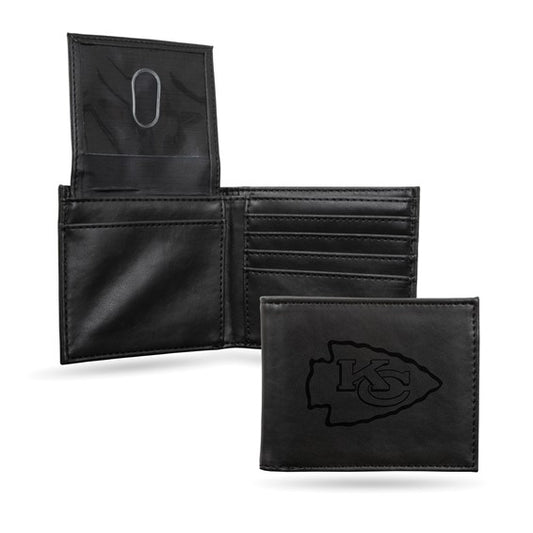 Rico Industries Football Kansas City Chiefs Black Laser Engraved Bill-fold Wallet - Slim Design - Great Gift