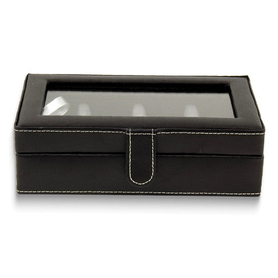 Black Leather Snap Closure Glass Top Twelve Cufflink Box with Velour Lining