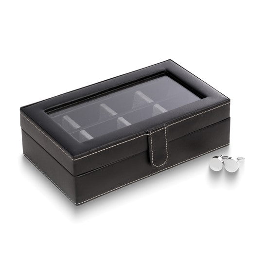 Black Leather Snap Closure Glass Top Twelve Cufflink Box with Velour Lining