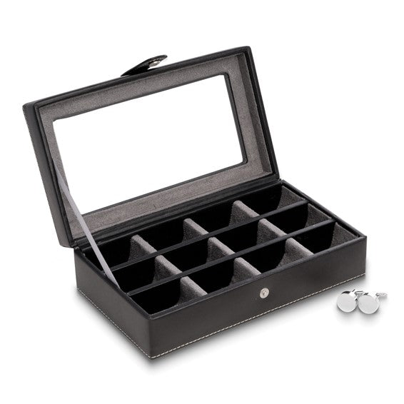 Black Leather Snap Closure Glass Top Twelve Cufflink Box with Velour Lining