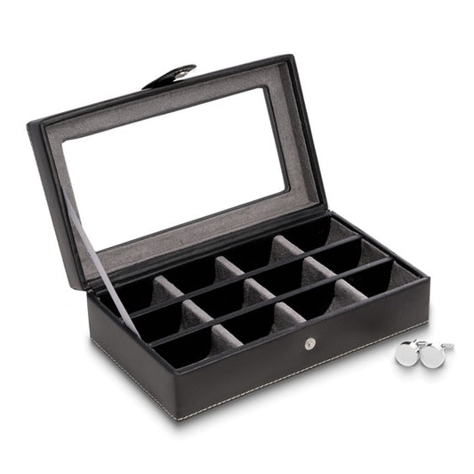 Black Leather Snap Closure Glass Top Twelve Cufflink Box with Velour Lining