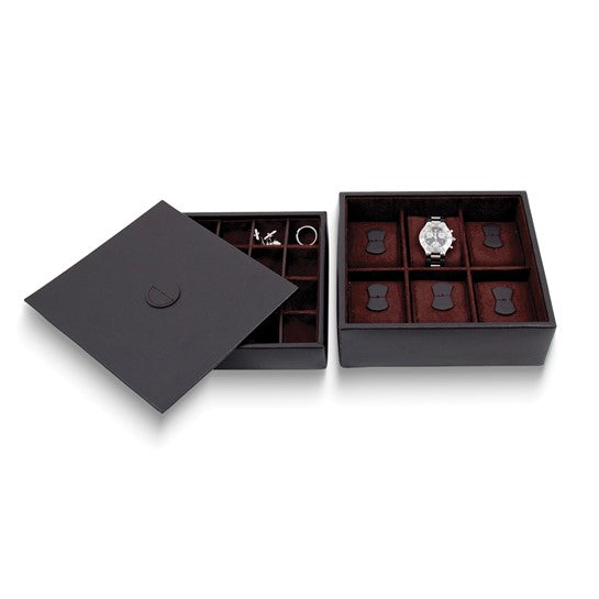 Brown Leather Stacked Valet For 6 Watches & 20 Cufflinks