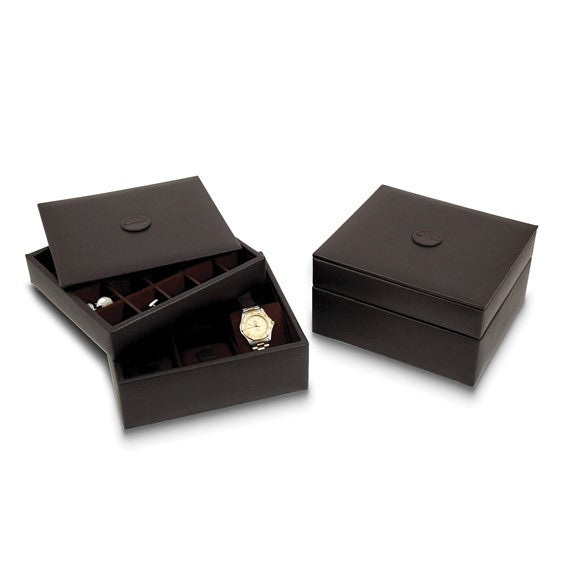 Brown Leather Stacked Valet For 6 Watches & 20 Cufflinks