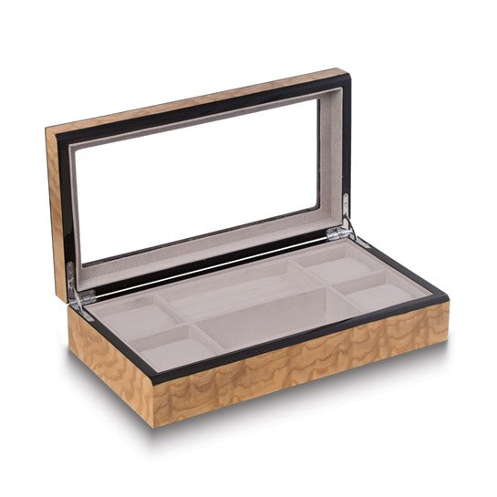 Bey-Berk International BB691BRL Lacquered Ash Burl Wood Valet & Jewelry Box with Glass Top, Soft Velour Lining