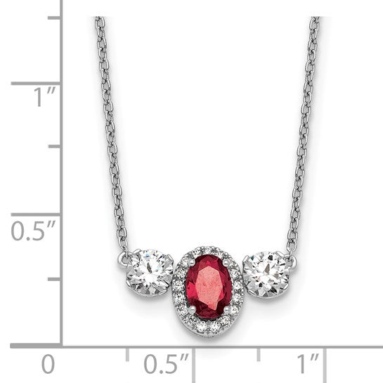 14k White Gold 1 1/8 carat Lab Grown Diamond VS/SI+ G+ and Created Ruby Complete Three Stone 16 inch Necklace