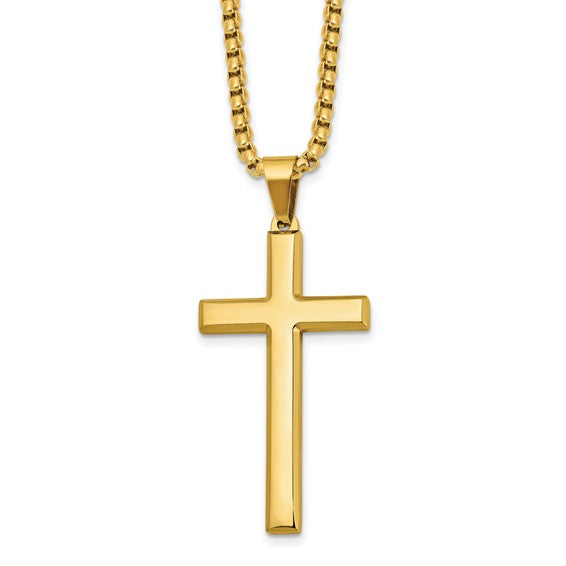 Chisel Stainless Steel Polished Yellow IP-plated Cross Pendant on a 24 inch Box Chain Necklace