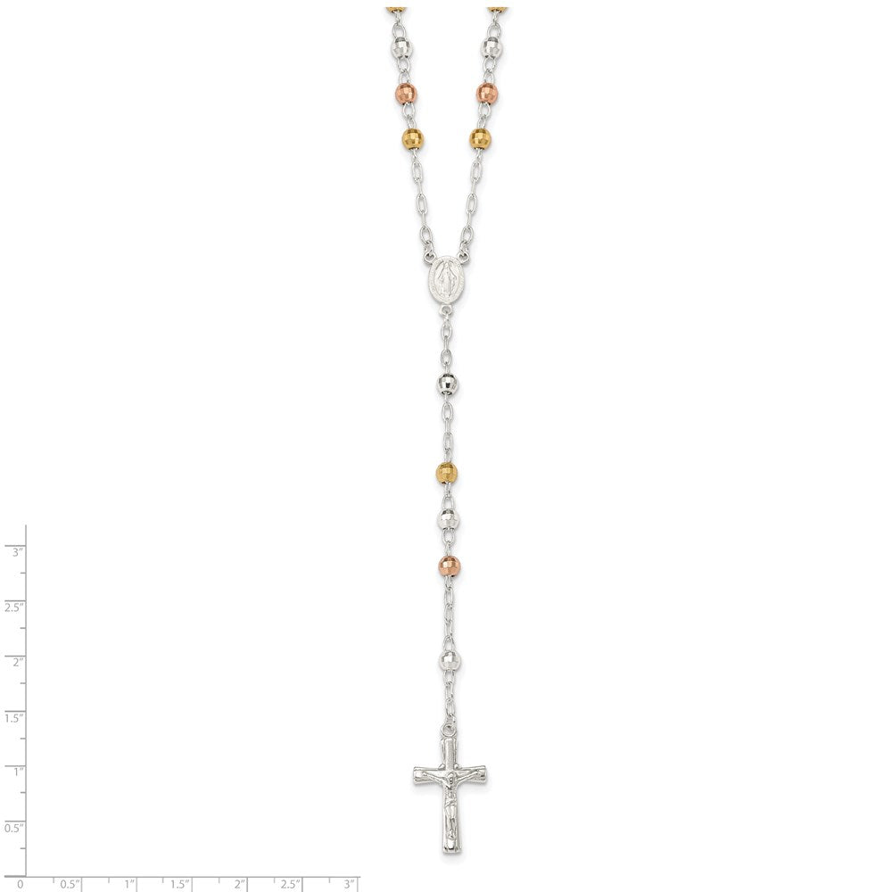 Sterling Silver Tri-color Polished Textured Bead Rosary 26 inch Necklace 26 Inches