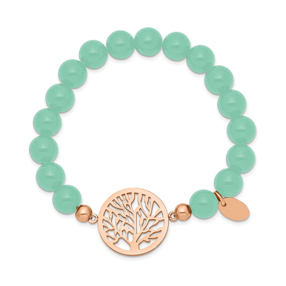Stainless Steel Polished Rose IP Tree Green Dyed Jade Stretch Bracelet 6 inches
