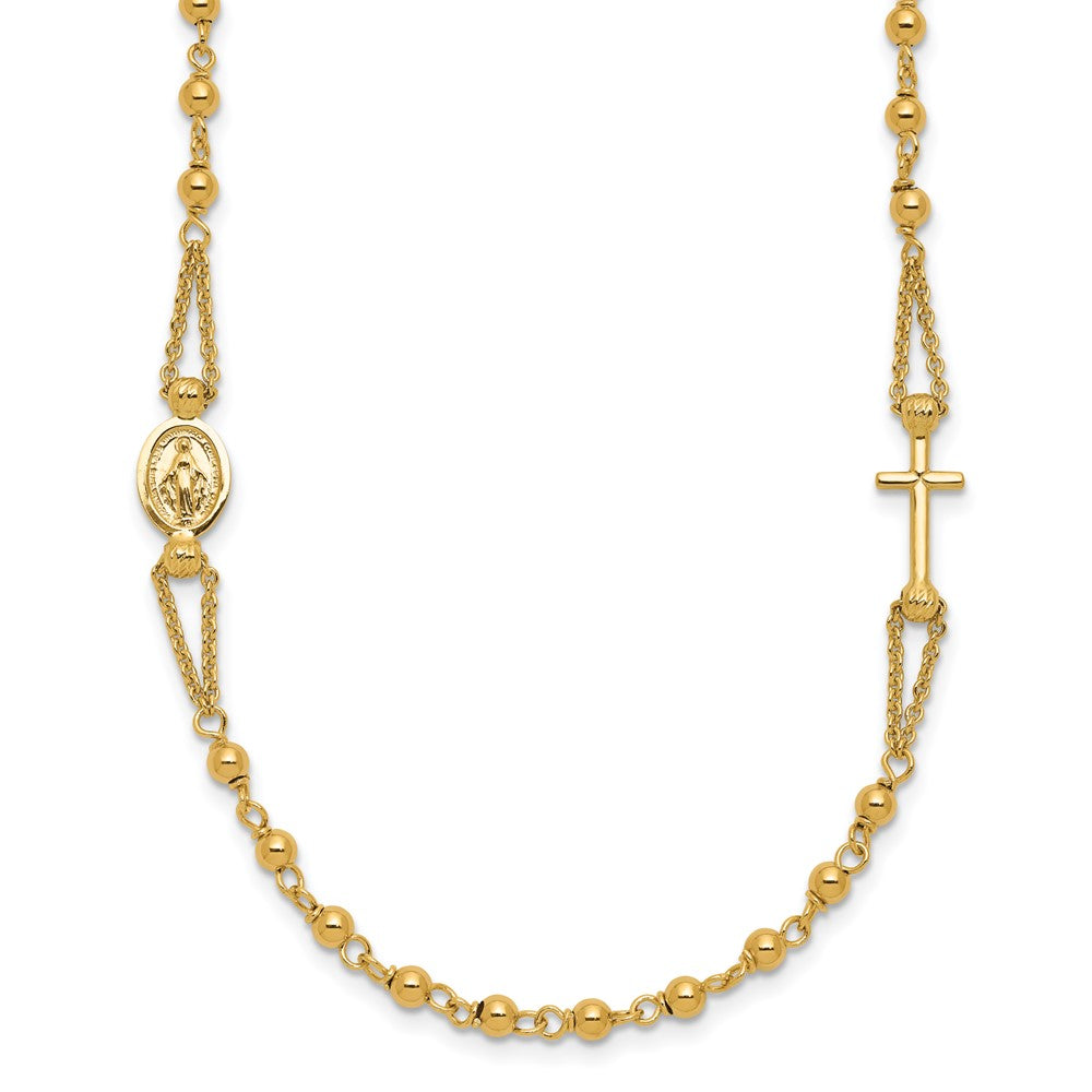 14K Polish/Dia-cut/Beaded Religious Rosary Style Necklace