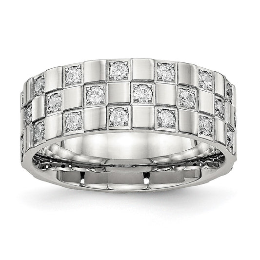 Stainless Steel Polished w/CZ Checkered 8mm Flat Band