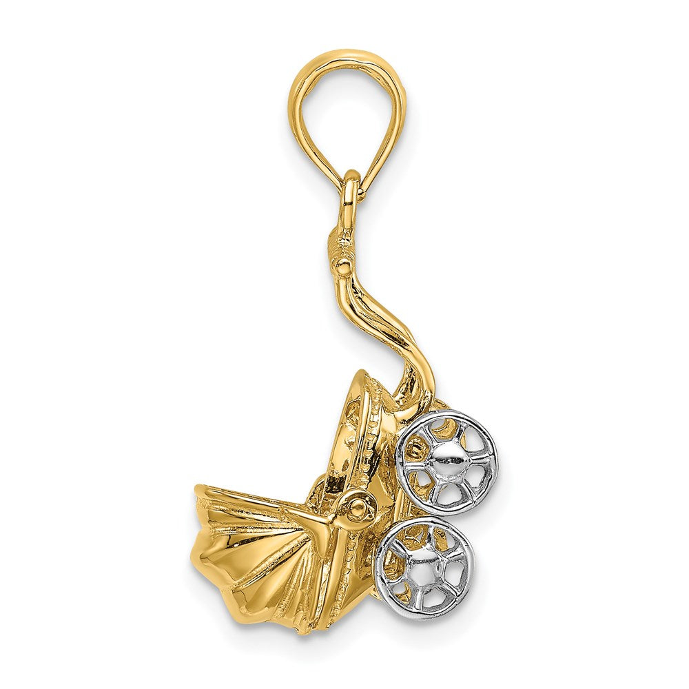 14k w/ Rhodium 3-D Baby Stroller w/ Moveable Wheels Charm