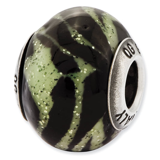 Sterling Silver Reflections Italian Pink & Green Stripes Glass Bead