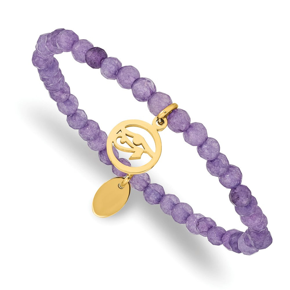 Stainless Steel Polished Yellow IP Eye of Horus Purple Jade Stretch Bracele 6.25 inches