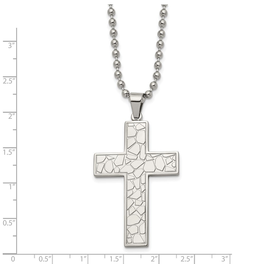 Stainless Steel Polished and Textured Cross 24in Necklace