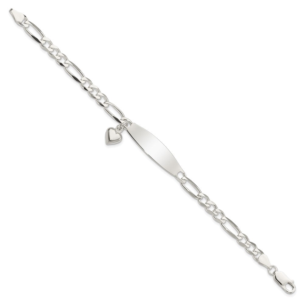 Sterling Silver Polished Figaro ID Heart Dangle Bracelet 7.5 inches