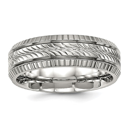 Stainless Steel Polished and Textured 7mm Grooved Band Size - 12