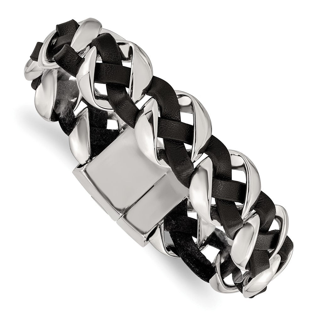 Stainless Steel Polished Leather Braided 8in Bracelet 8 inches