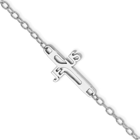 Sterling Silver Rhodium-plated Jesus Cross Womens 7.5in Bracelet 7.5 inches