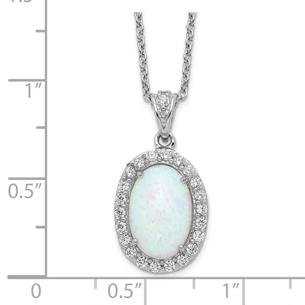 Cheryl M Sterling Silver Rhodium-plated Cabochon Lab Created Opal and Brilliant-cut CZ Oval Halo 18 Inch Necklace 18 Inches