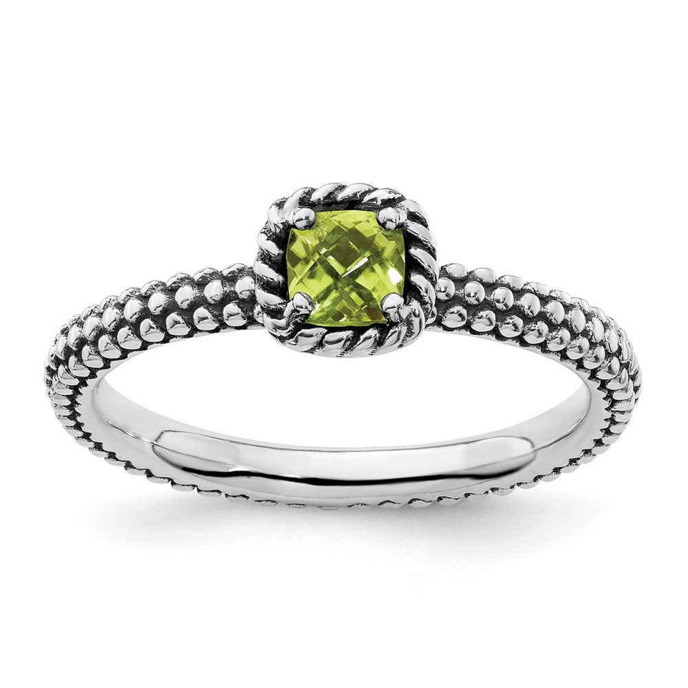 Sterling Silver Stackable Expressions Checker-cut Peridot Antiqued Ring Size -7