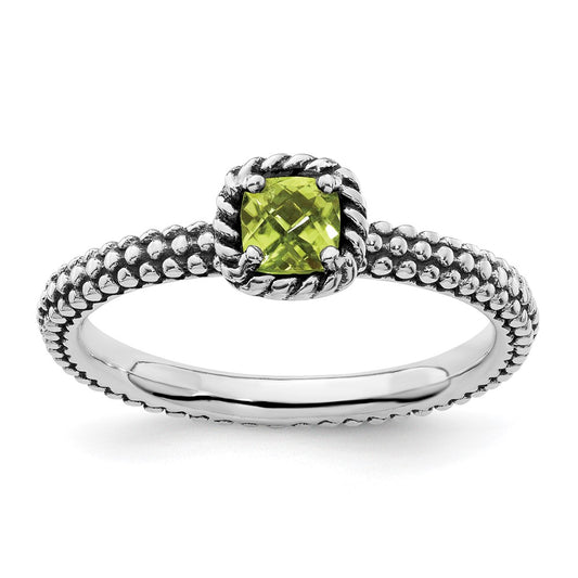 Sterling Silver Stackable Expressions Checker-cut Peridot Antiqued Ring Size -7
