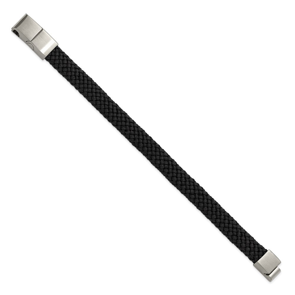 Chisel Stainless Steel Brushed and Polished Black Braided Nylon 8 inch Plus .5 inch Extension Bracelet 8 inches