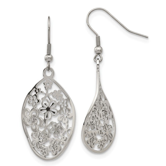 Stainless Steel Polished Flower Dangle Shepherd Hook Earrings