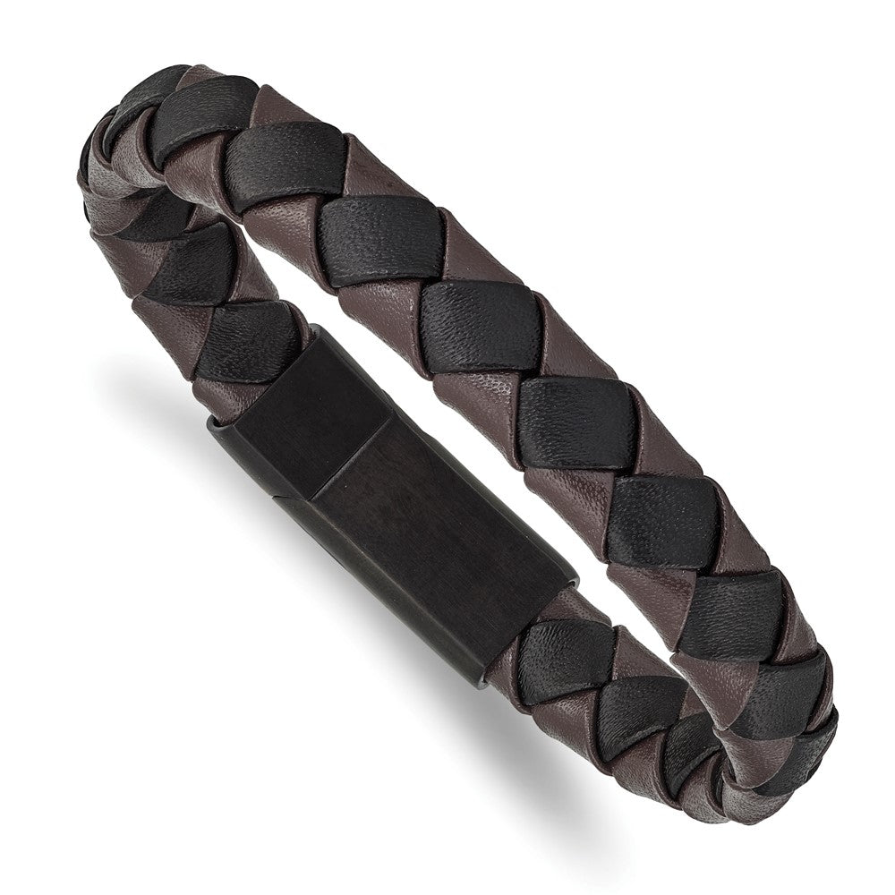 Stainless Steel Brushed Black IP Black/Brown Leather 8.25in Bracelet 8.25 inches