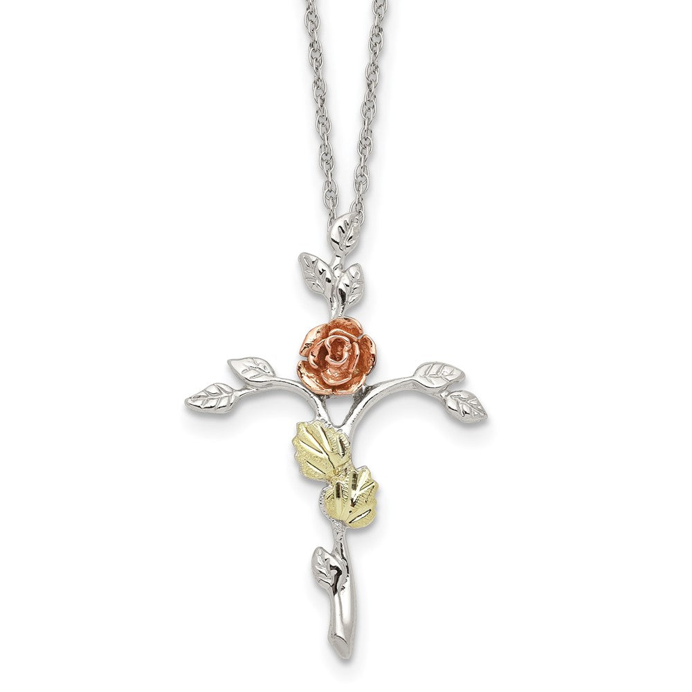Landstrom's Mt. Rushmore Black Hills Sterling Silver 12K Gold Accents Floral Cross 18 inch Spring Ring Clasp Necklace 18 Inches