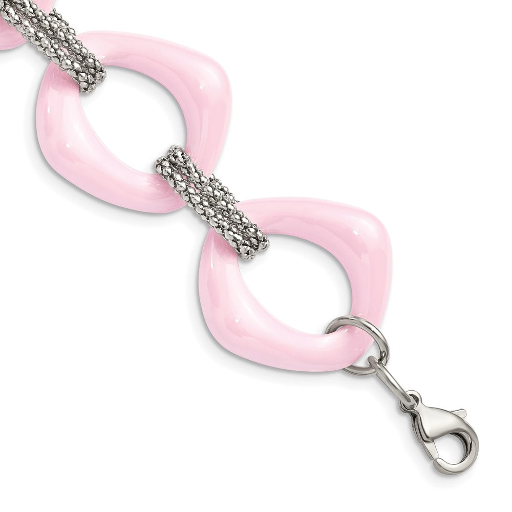 Stainless Steel Polished w/Pink Ceramic 8in Bracelet 8 inches