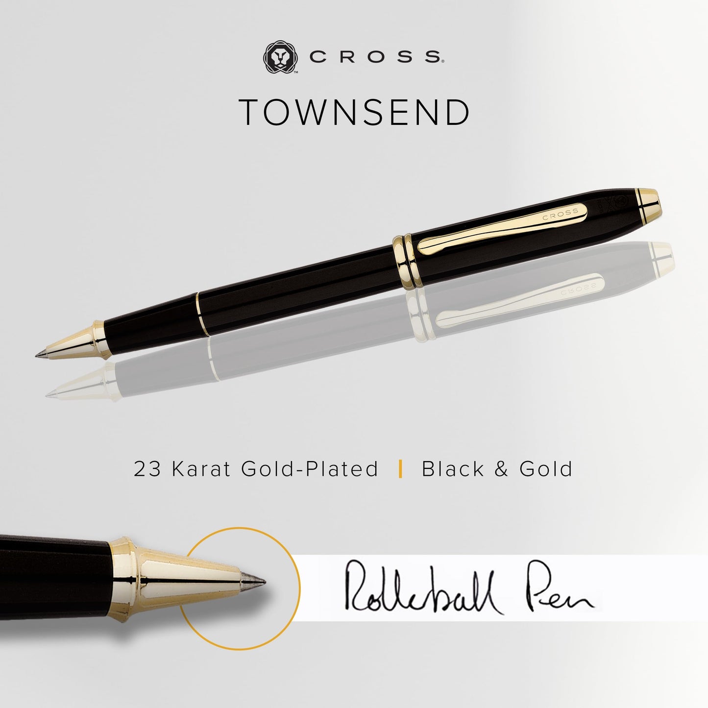 Cross Townsend Refillable Rollerball Pen, 23 Carat Gold-Plated Appointments, Includes Luxury Gift Box - Black Lacquer