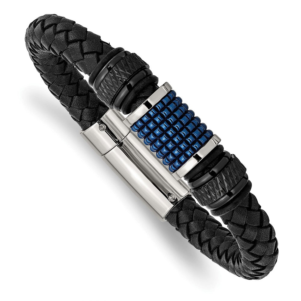 Stainless Steel Polished Black & Blue IP-plated Rubber & Leather Bracelet 8.5 inches