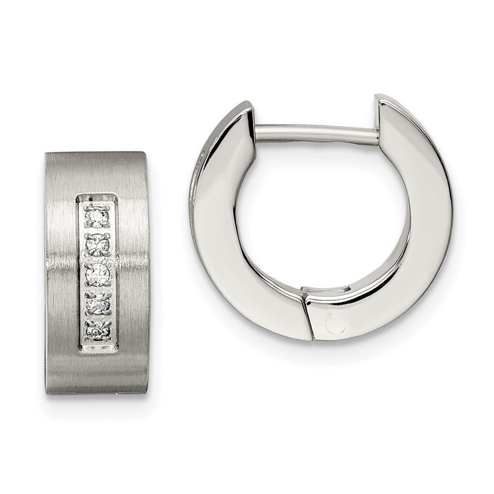 Stainless Steel Brushed & Polished w/CZ Round 5mm Hinged Hoop Earrings