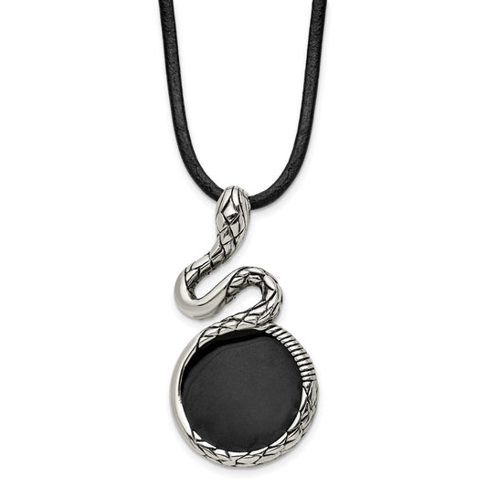 Stainless Steel Antiqued & Polished w/Enamel Snake 20in Leather Necklace