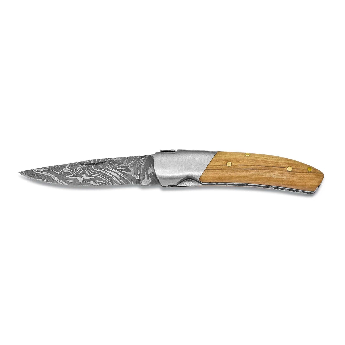 Luxury Giftware Damascus Steel 256 Layer Folding Blade Olive Wood Handle Knife with Leather Sheath and Wooden Gift Box QKN72721