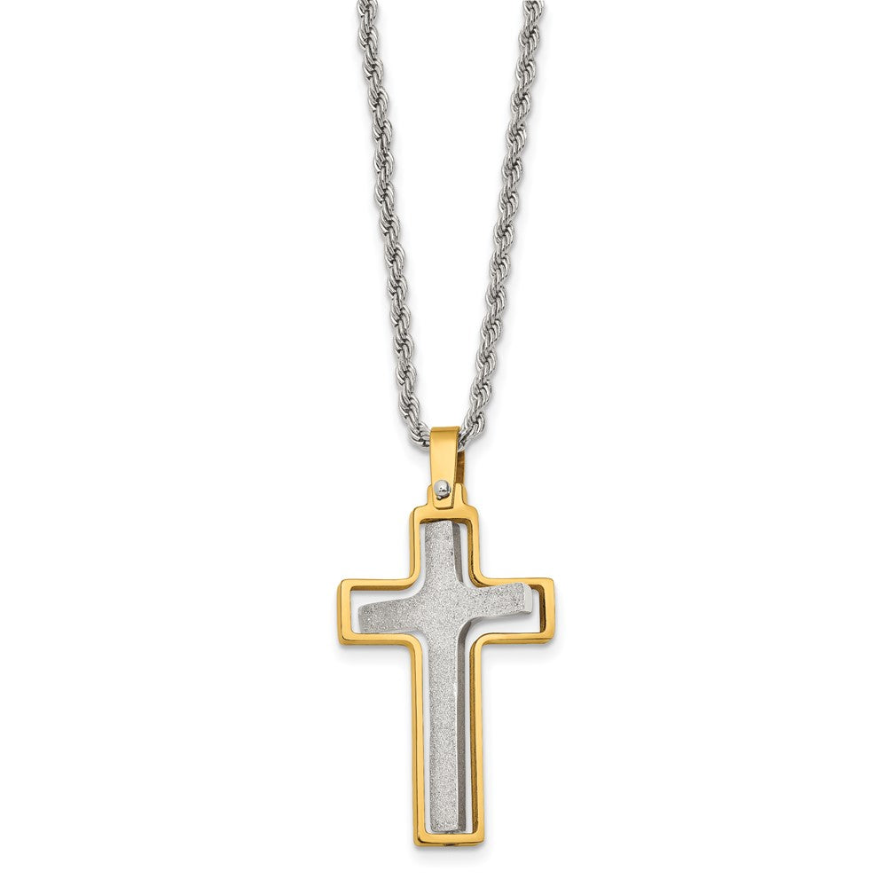 Stainless Steel Polished Yellow IP Laser Cut Moveable Cross Necklace